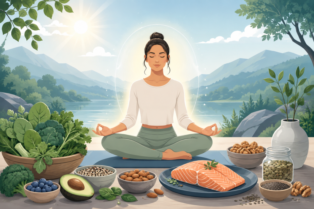Cortisolo e stress: illustrazione di una persona che medita circondata da alimenti sani, simbolo di equilibrio metabolico
